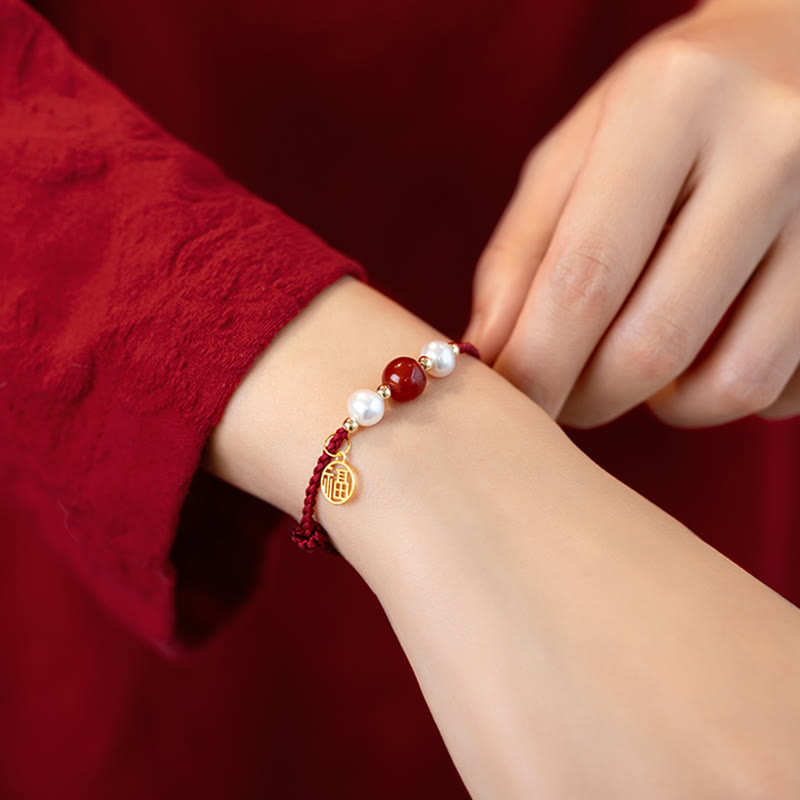 Pulsera trenzada de hilo rojo con perlas de ágata y carácter de buena fortuna de plata de ley 925 con Buddha Stones
