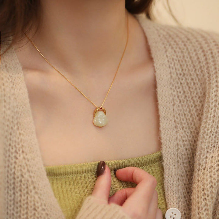 Buddha Stones de Plata de Ley 925, colgante de collar de cadena de abundancia de Buda sonriente de Jade Hetiano Natural - image 4