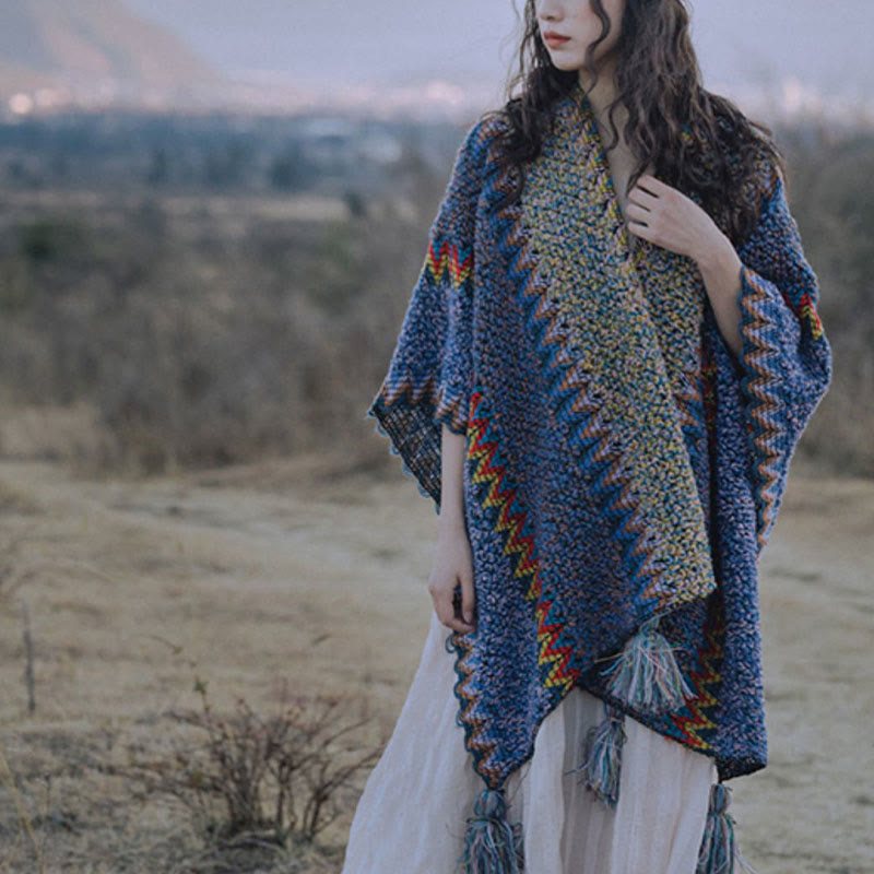 Mantón tibetano de Buddha Stones, capa de punto suave y cálida, bufanda tibetana con borlas de invierno