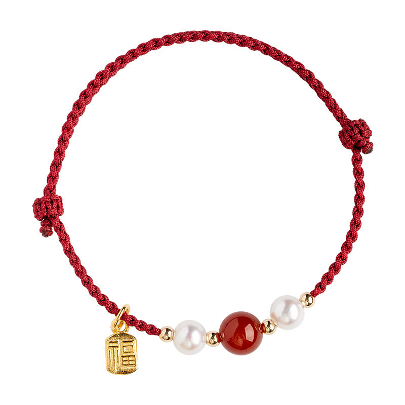 Pulsera trenzada de hilo rojo con perlas de ágata y carácter de buena fortuna de plata de ley 925 con Buddha Stones