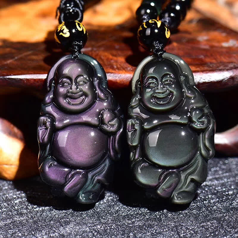 Colgante de collar de paz interior de Buda sonriente de obsidiana arcoíris natural - Obsidiana arcoíris y hilo de cuentas - image 1