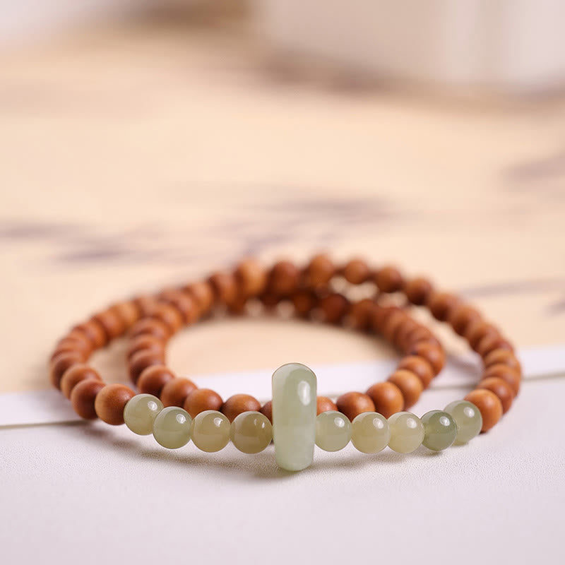 Pulsera de doble vuelta con protección de jade hetiano de sándalo y Buddha Stones