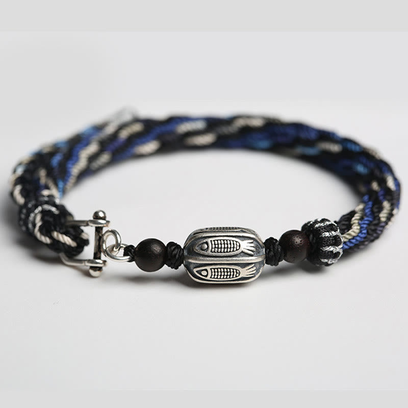 Pulsera de hilo trenzado con nudo de reencarnación de riqueza de peces Koi de plata de ley 925 con Buddha Stones