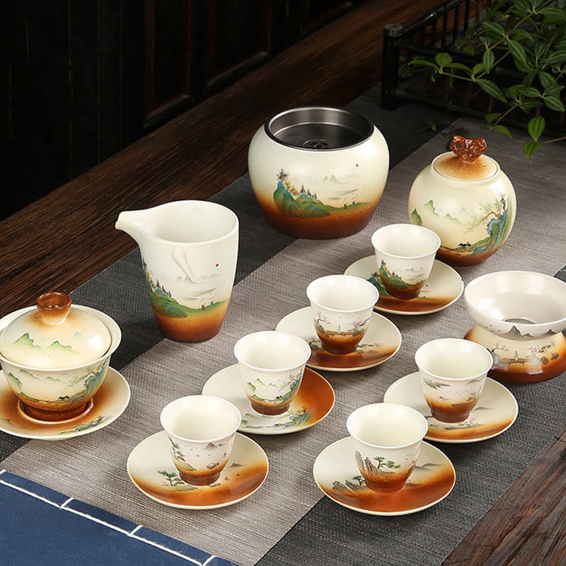 Taza de té y platillo con tapa, cerámica Gaiwan Sancai, paisaje de montaña, Buddha Stones, Kung Fu