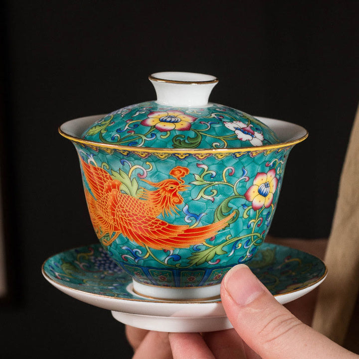 Taza de té de cerámica con diseño de flor de Fénix y dragón, Buddha Stones , Gaiwan Sancai, taza de té de Kung Fu y platillo con tapa
