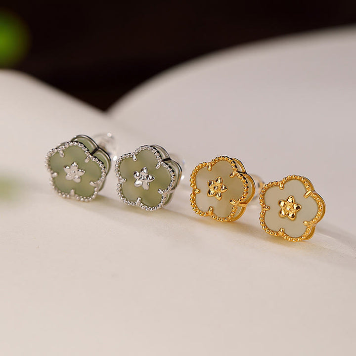 Pendientes de plata de ley 925 con Buddha Stones , jade hetiano y flor de ciruelo