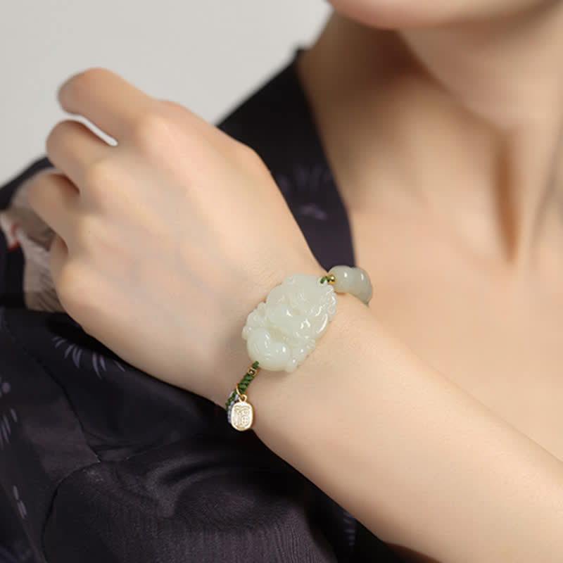 Pulsera de plata de ley 925 con zodíaco chino, jade hetiano, felicidad, suerte
