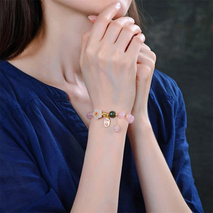 Pulsera de amor cálida con flor de jade de cristal rosa natural con Buddha Stones - image 2