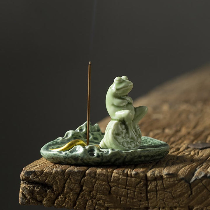 Quemador de incienso de cerámica curativo con patrón de rana para meditación de hojas de Buddha Stones, decoración