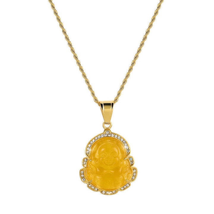 Colgante de cadena con collar de la suerte de jade de Buda sonriente relleno de oro de 18 quilates con Buddha Stones - image 17