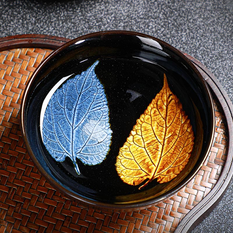 Buddha Stones, hoja de arce dorada, taza de té de cerámica china Jianzhan, tazón de taza de té Tenmoku Kung Fu