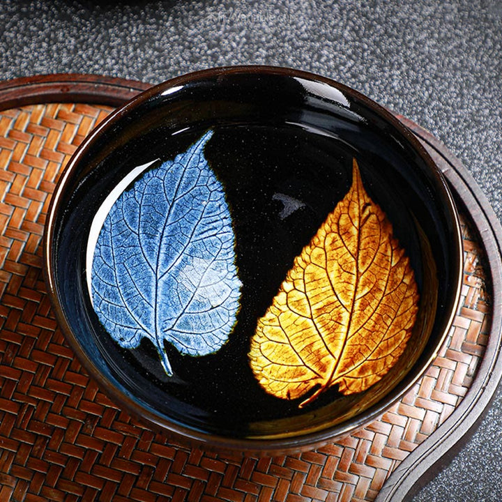 Buddha Stones, hoja de arce dorada, taza de té de cerámica china Jianzhan, tazón de taza de té Tenmoku Kung Fu