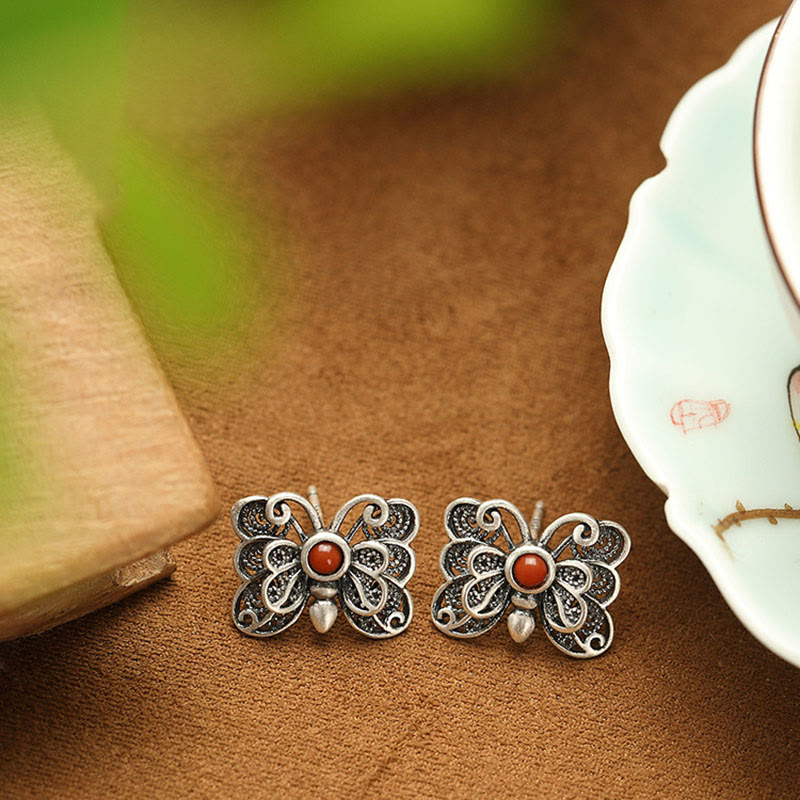 Juego de pendientes de anillo de autoaceptación de mariposa de ágata roja de plata de ley 925 con Buddha Stones