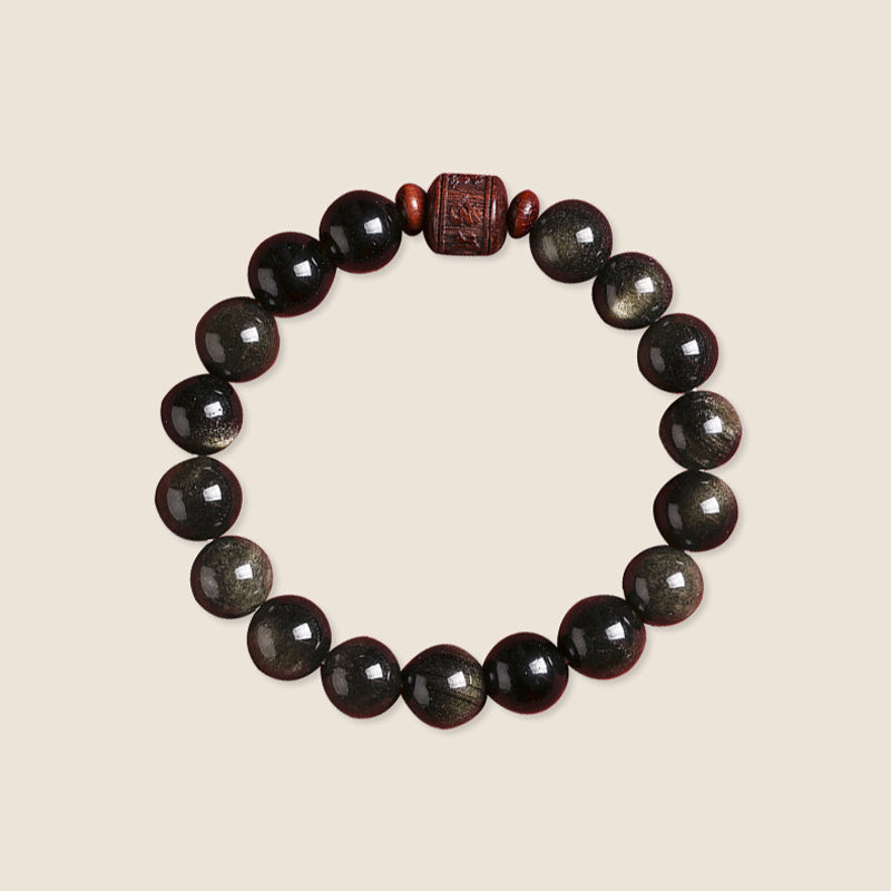 Pulsera curativa con carácter de obsidiana arcoíris de obsidiana con brillo de oro natural con Buddha Stones Om Mani Padme Hum Fu