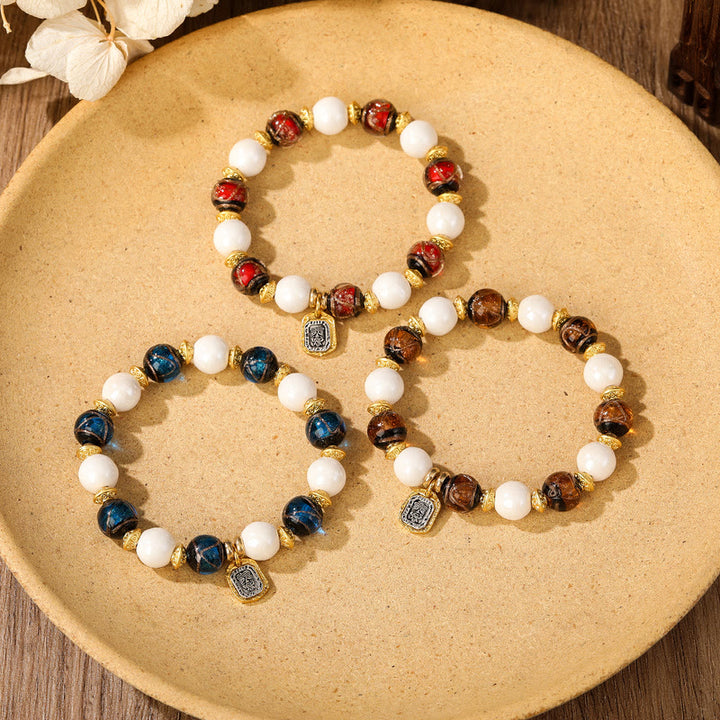 Buddha Stones tibetano Zakiram diosa de la riqueza encanto Liuli vidrio incienso ceniza porcelana pulsera de protección de cuentas