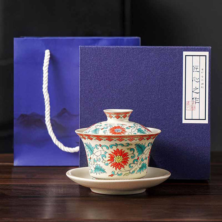 Buddha Stones, un panorama de ríos y montañas, flores, taza de té de cerámica Gaiwan Sancai, taza de té de Kung Fu y platillo con tapa