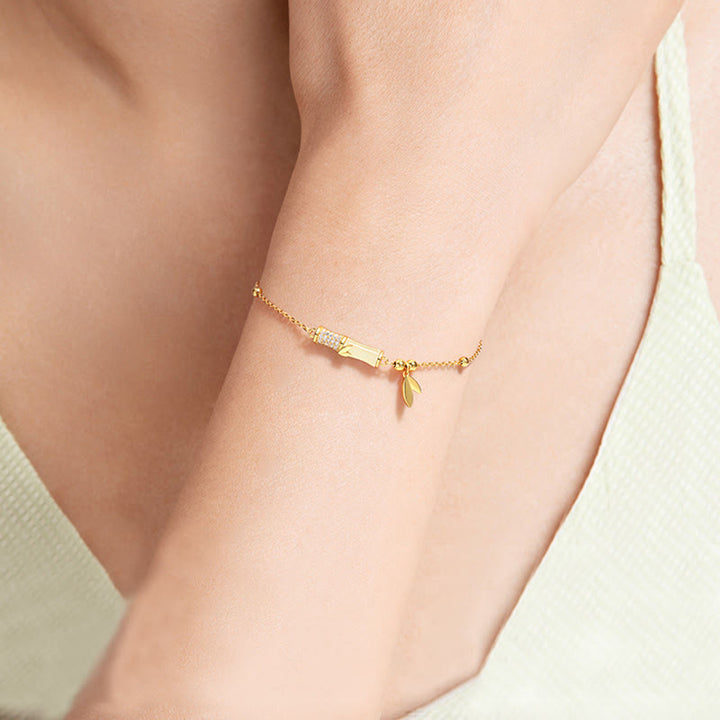 Pulsera de la suerte con hojas de circón de bambú y jade blanco chapada en oro de 18 quilates de plata de ley 925 con Buddha Stones