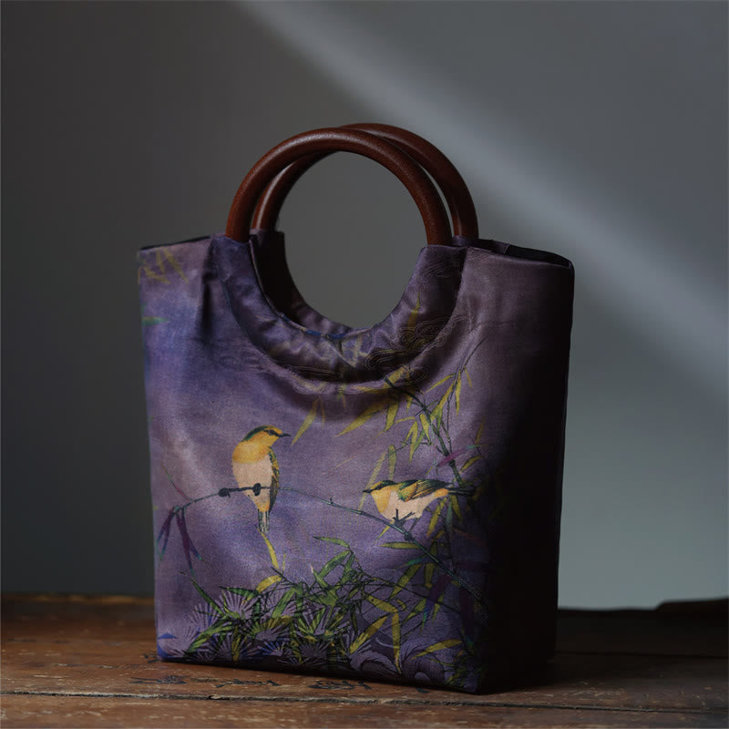 Bolso de mano con mango de madera maciza, Buddha Stones , flor de peonía, hojas de bambú, pájaro