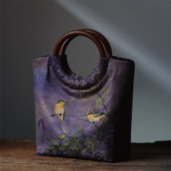 Bolso de mano con mango de madera maciza, Buddha Stones , flor de peonía, hojas de bambú, pájaro