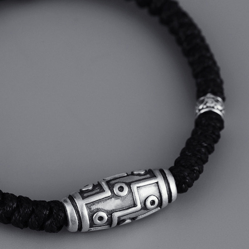 Pulsera de cuerda de bendición con patrón de cuentas Dzi de nueve ojos de plata de ley 999 con Buddha Stones
