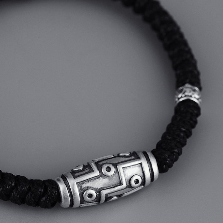 Pulsera de cuerda de bendición con patrón de cuentas Dzi de nueve ojos de plata de ley 999 con Buddha Stones