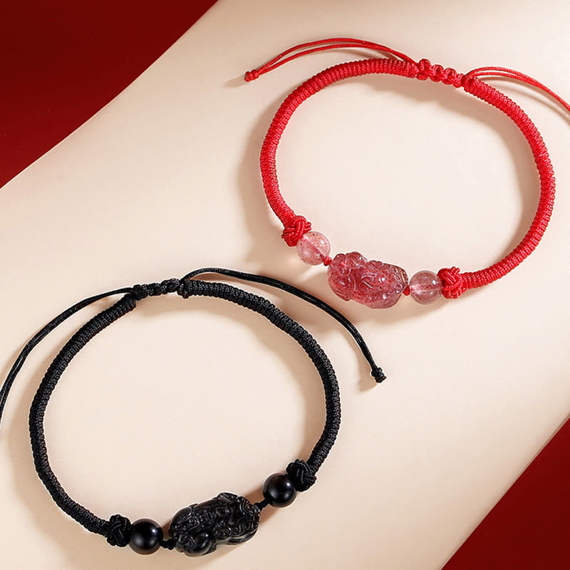 Pulsera trenzada de protección PiXiu de cuarzo fresa obsidiana con brillo de plata Natural hecha a mano con Buddha Stones