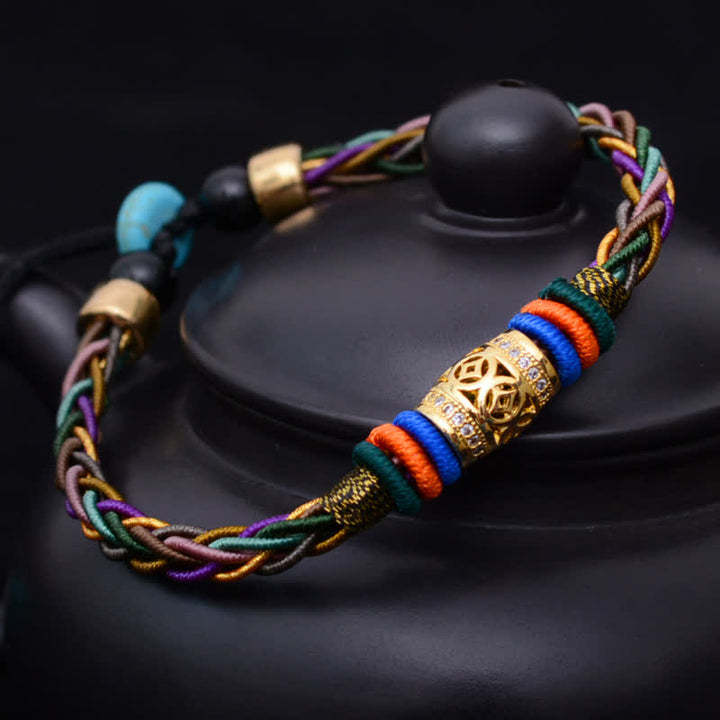 Pulsera de cuerda tejida con moneda de cobre hecha a mano con nudo de ocho hilos, Buddha Stones tibetanas