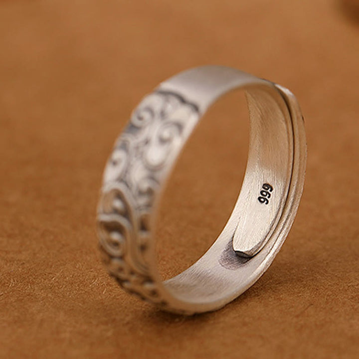 Anillo de iluminación grabado con Buddha Stones de plata de ley 999, flor de loto, flor de ciruelo, nubes auspiciosas