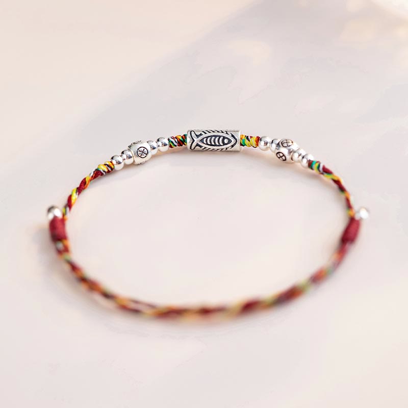 Pulsera tobillera de hilo colorido trenzado con pez Koi de la suerte de plata de ley 925 con Buddha Stones
