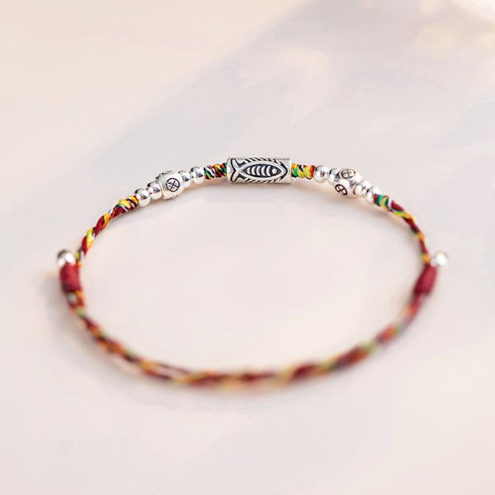 Pulsera tobillera de hilo colorido trenzado con pez Koi de la suerte de plata de ley 925 con Buddha Stones