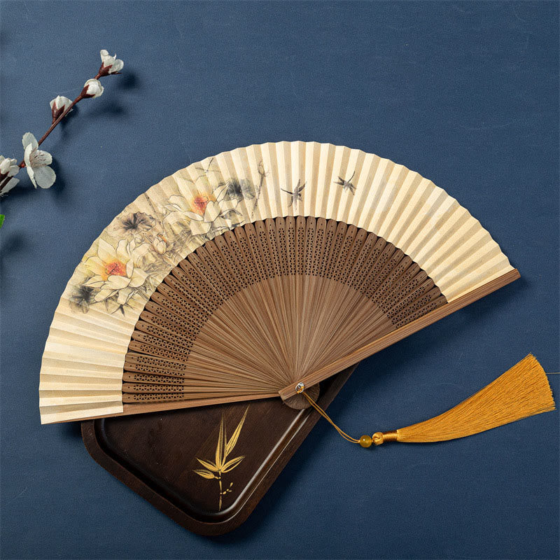 Abanico plegable de bambú de seda de mano con Buddha Stones , libélula de loto, gansos salvajes, flor de ciruelo, 22,5 cm