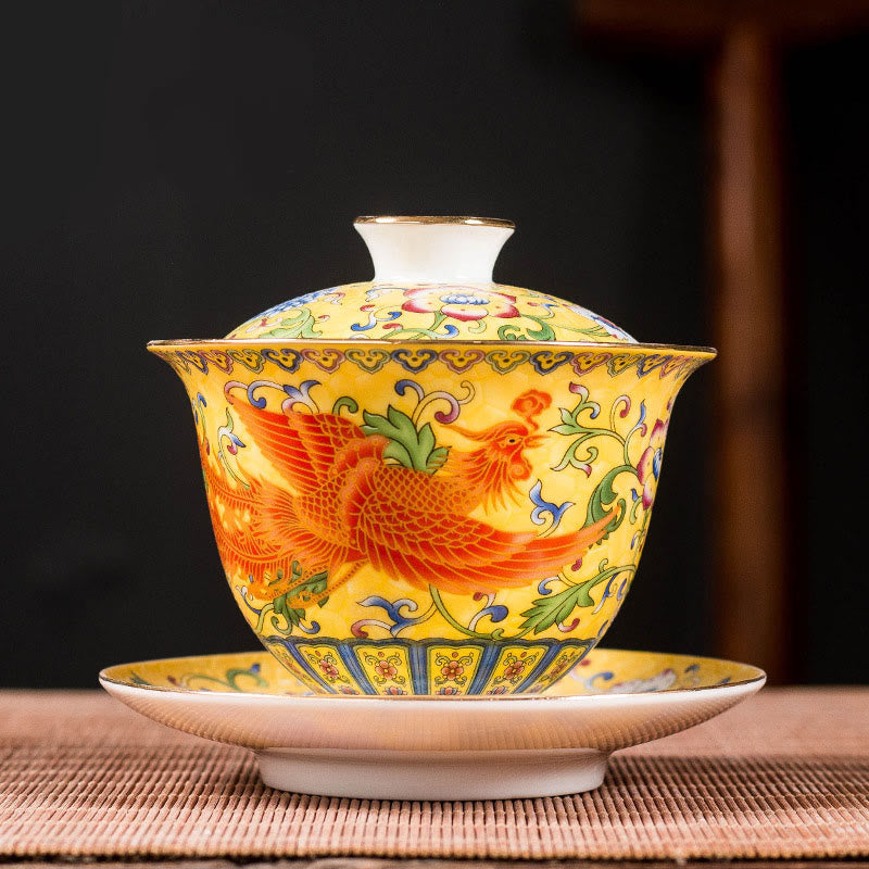 Taza de té de cerámica con diseño de flor de Fénix y dragón, Buddha Stones , Gaiwan Sancai, taza de té de Kung Fu y platillo con tapa