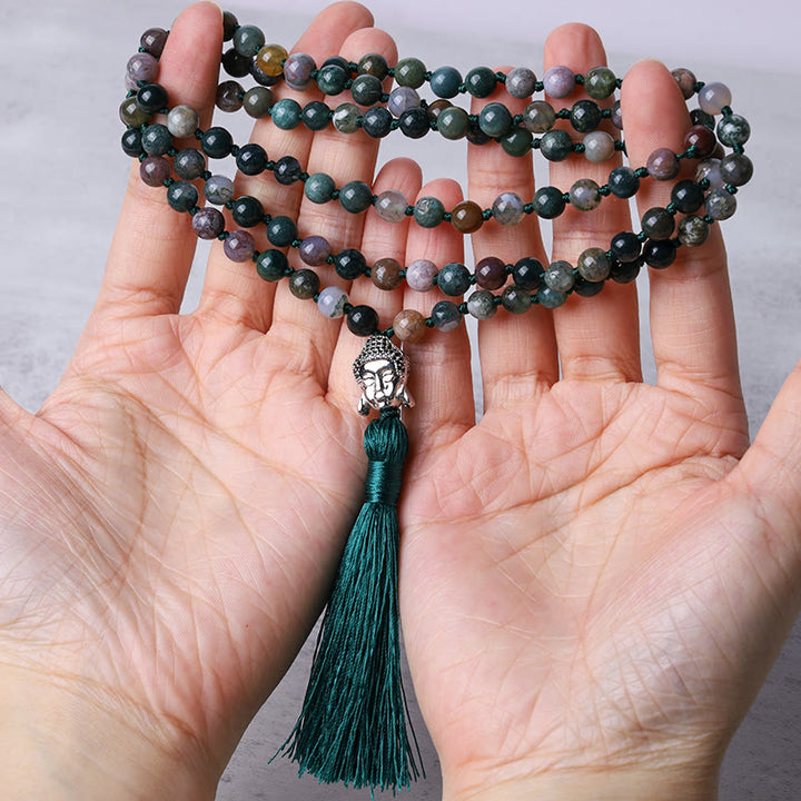 Pulsera de limpieza de cabeza de Buda de ágata india con 108 Buddha Stones