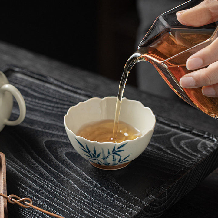 Taza de té de cerámica con hojas de bambú azules pequeñas, Buddha Stones, tazón de té de Kung Fu