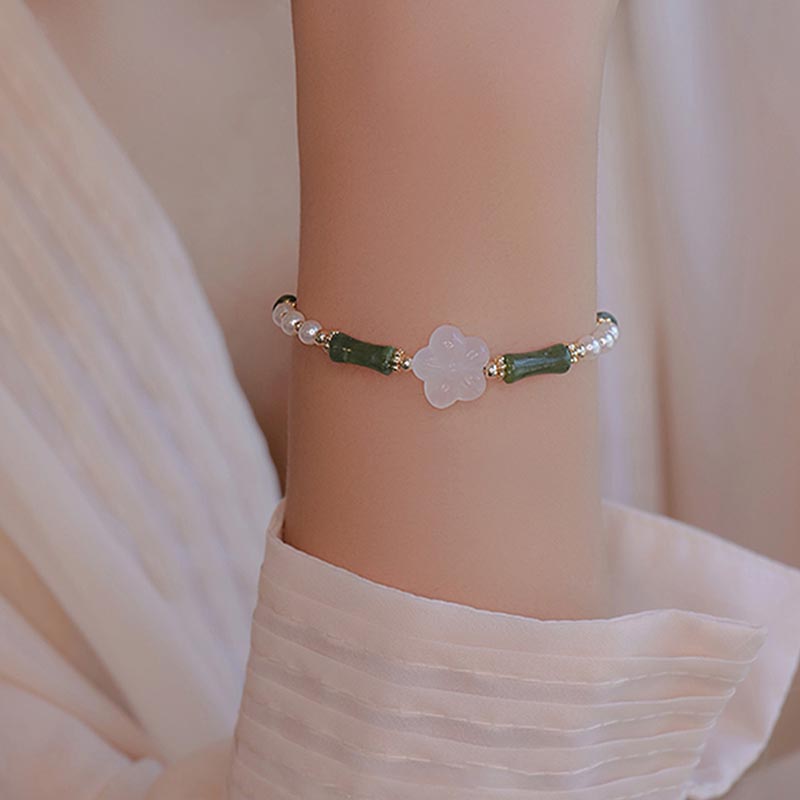 Pulsera de la paz con perlas y ágata, flor de bambú, peridoto y Buddha Stones