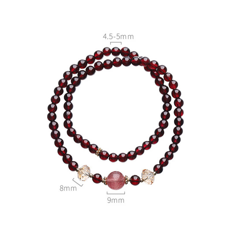 Pulsera de doble vuelta con estabilidad de cuarzo fresa y granate natural chapada en oro de 14 quilates con Buddha Stones