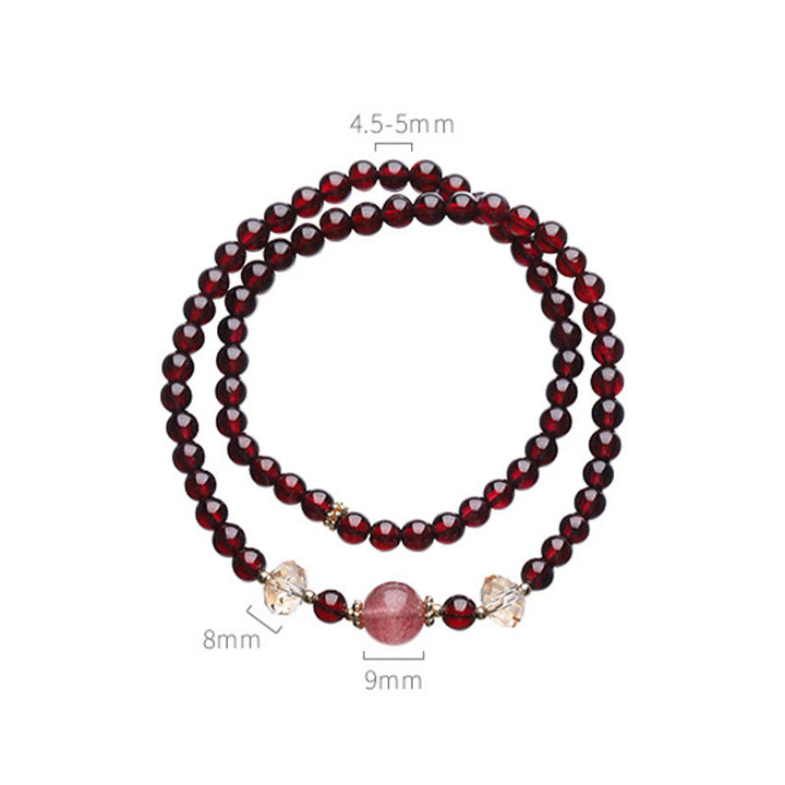 Pulsera de doble vuelta con estabilidad de cuarzo fresa y granate natural chapada en oro de 14 quilates con Buddha Stones