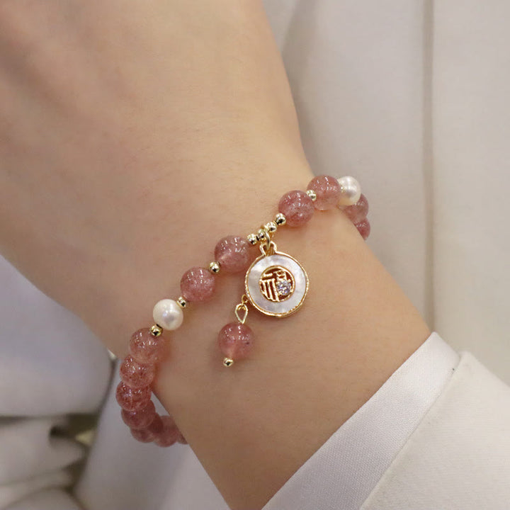 Pulsera curativa con dije de personaje Fu de cola de pez con cara sonriente de alce y perlas de cuarzo fresa con Buddha Stones