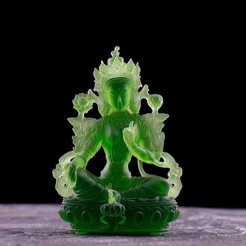 Bodhisattva Tara Verde hecho a mano Liuli Crystal Art Piece Protección Hogar Oficina Estatua Decoración - 8*6*12,8 cm - Tara Verde - image 1