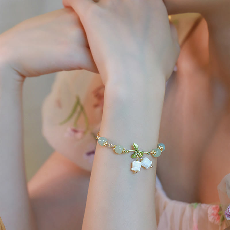 Pulsera de cadena de prosperidad de lirio de los valles con cuentas de jade verde y Buddha Stones