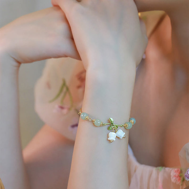 Pulsera de cadena de prosperidad de lirio de los valles con cuentas de jade verde y Buddha Stones