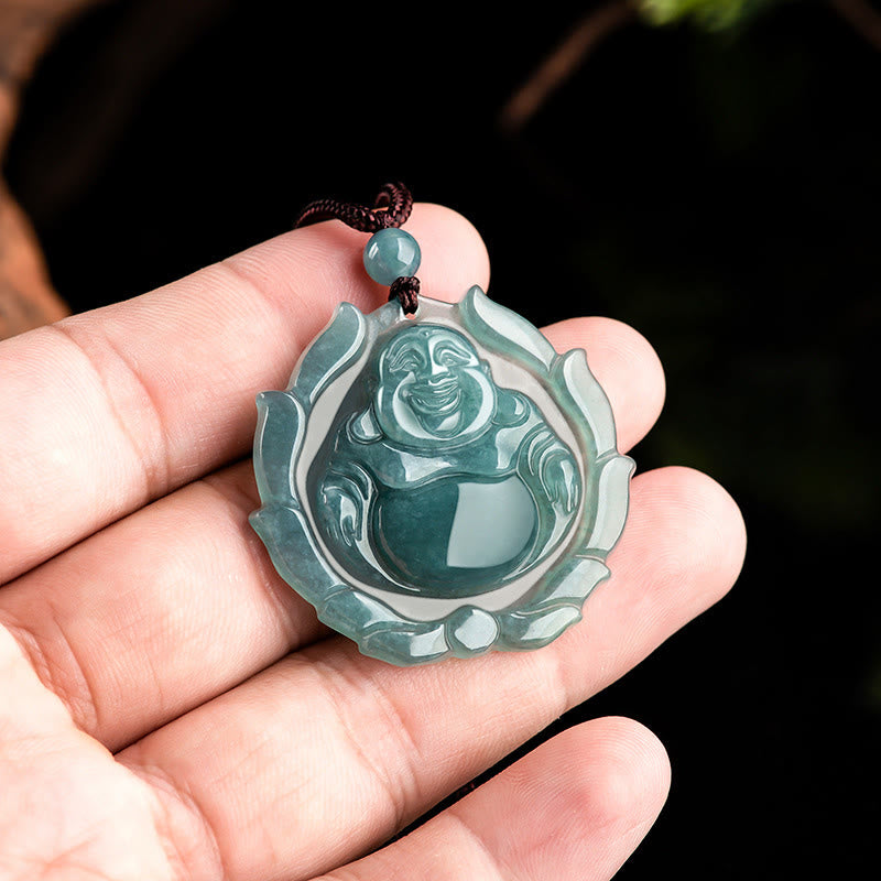 Colgante de collar de la suerte con diseño de loto de Buda sonriente de jade natural con Buddha Stones - image 4