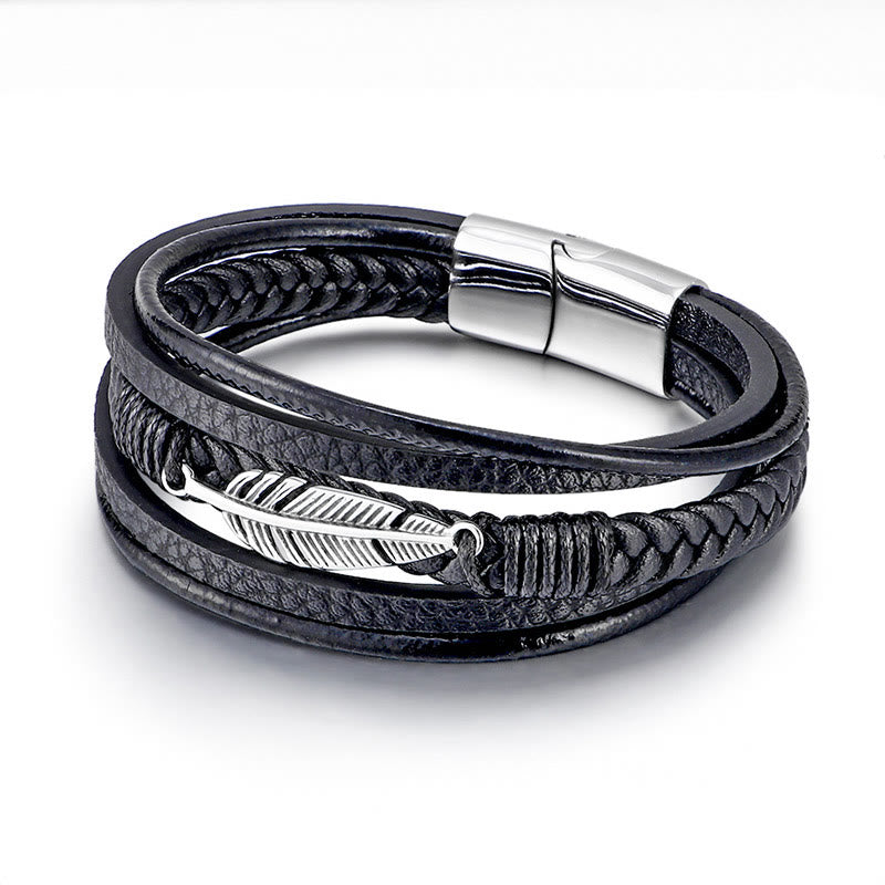 Pulsera con hebilla magnética trenzada de acero titanio y cuero multicapa con diseño de plumas de Buddha Stones