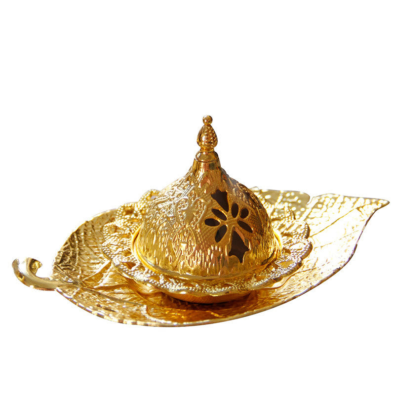 Quemador de incienso de meditación con posavasos de mini hojas de oro tibetano