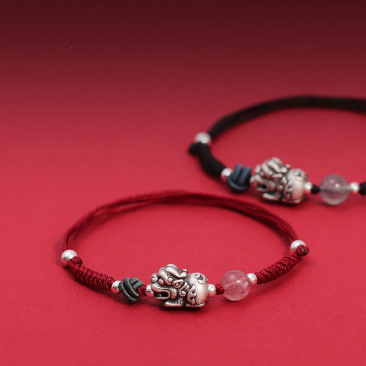 Pulsera trenzada de plata de ley 999 con Buddha Stones PiXiu, cuentas de cuarzo fresa, riqueza y suerte