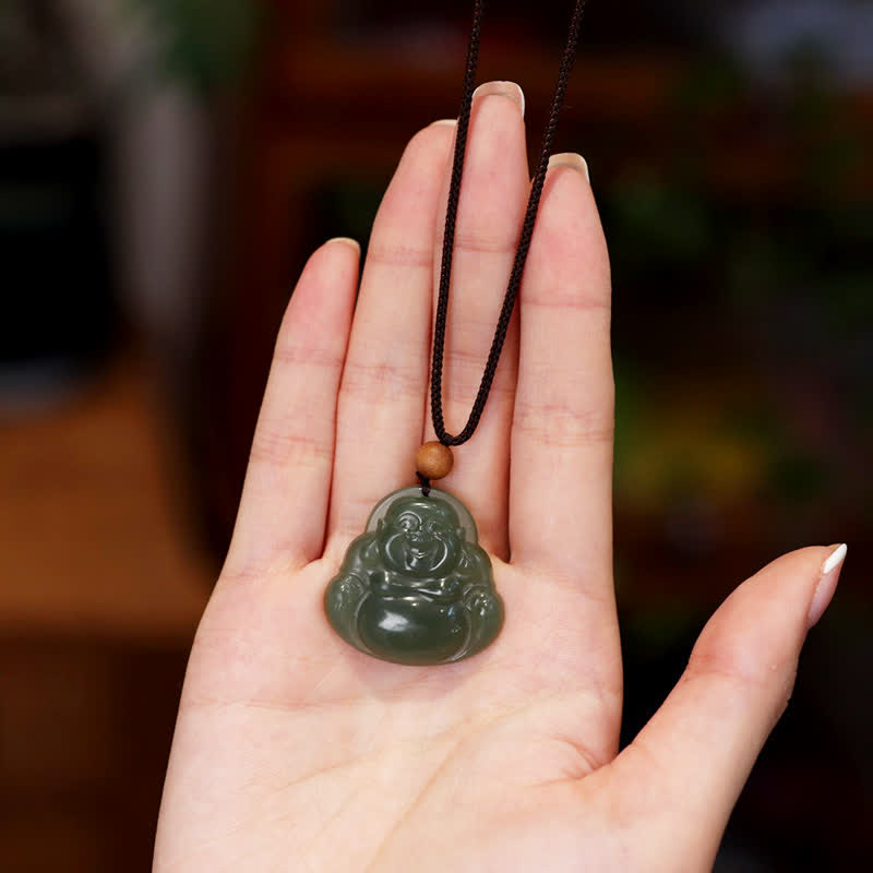 Colgante de cadena con collar de calma curativa de jade hetiano de Buda sonriente - image 2
