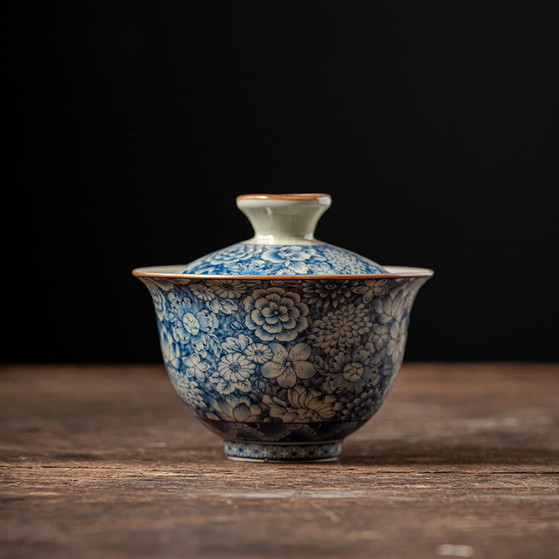 Buddha Stones azul y blanca vintage Flor de durazno Loto Peonía Cerámica Gaiwan Sancai Taza de té Kung Fu Taza de té y platillo con tapa - 10 cm x 9 cm x 160 ml - image 12