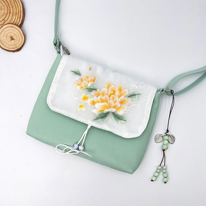 Buddha Stones Camelia bordada Epiphyllum Gardenia Sakura Flores Bolso bandolera Bolso de hombro Bolso para teléfono móvil