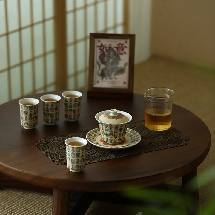 Buddha Stones Dunhuang Color mil Budas volando Apsaras patrón Gaiwan taza de té Kung Fu con tapa