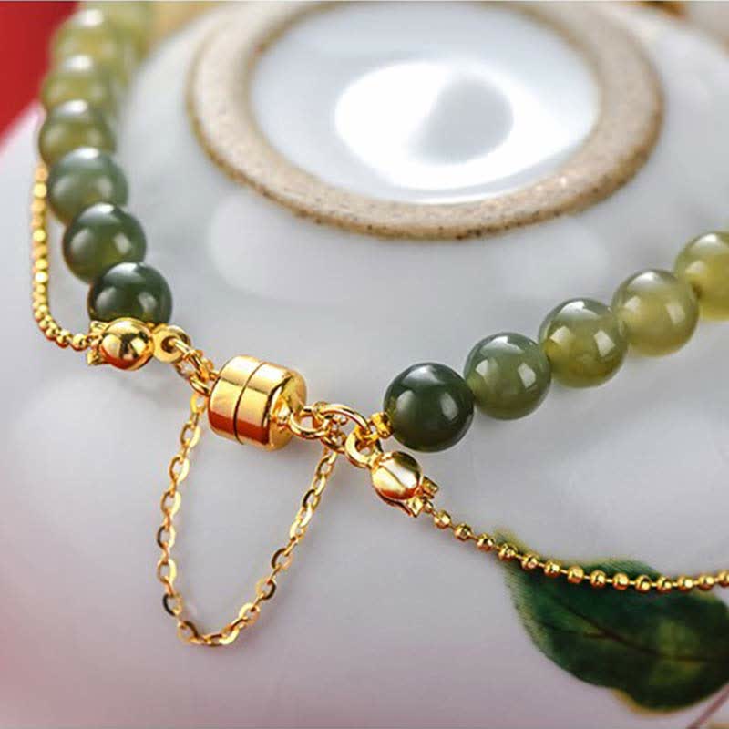 Pulsera de cadena de la suerte de flor de melocotón de jade hetiano natural de plata de ley 925 con Buddha Stones